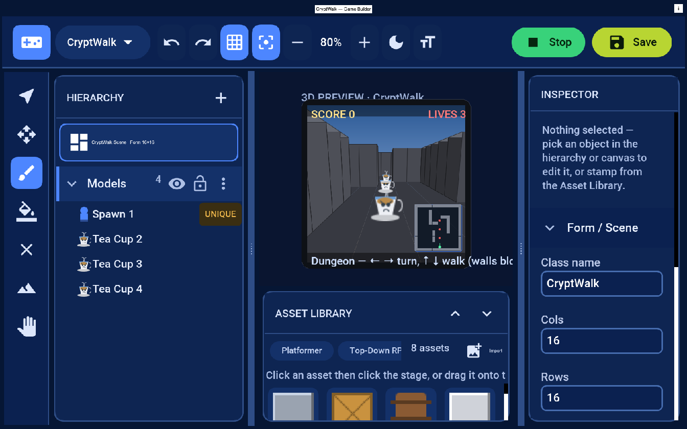 Sculpting and walking a 3D dungeon in the editor&rsquo;s first-person preview
